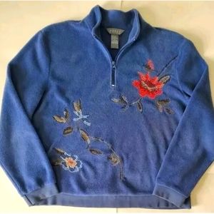 Korets Vintage Blue Fleece With Floral Embroidery Womens Petite Large 1/4 Zip
